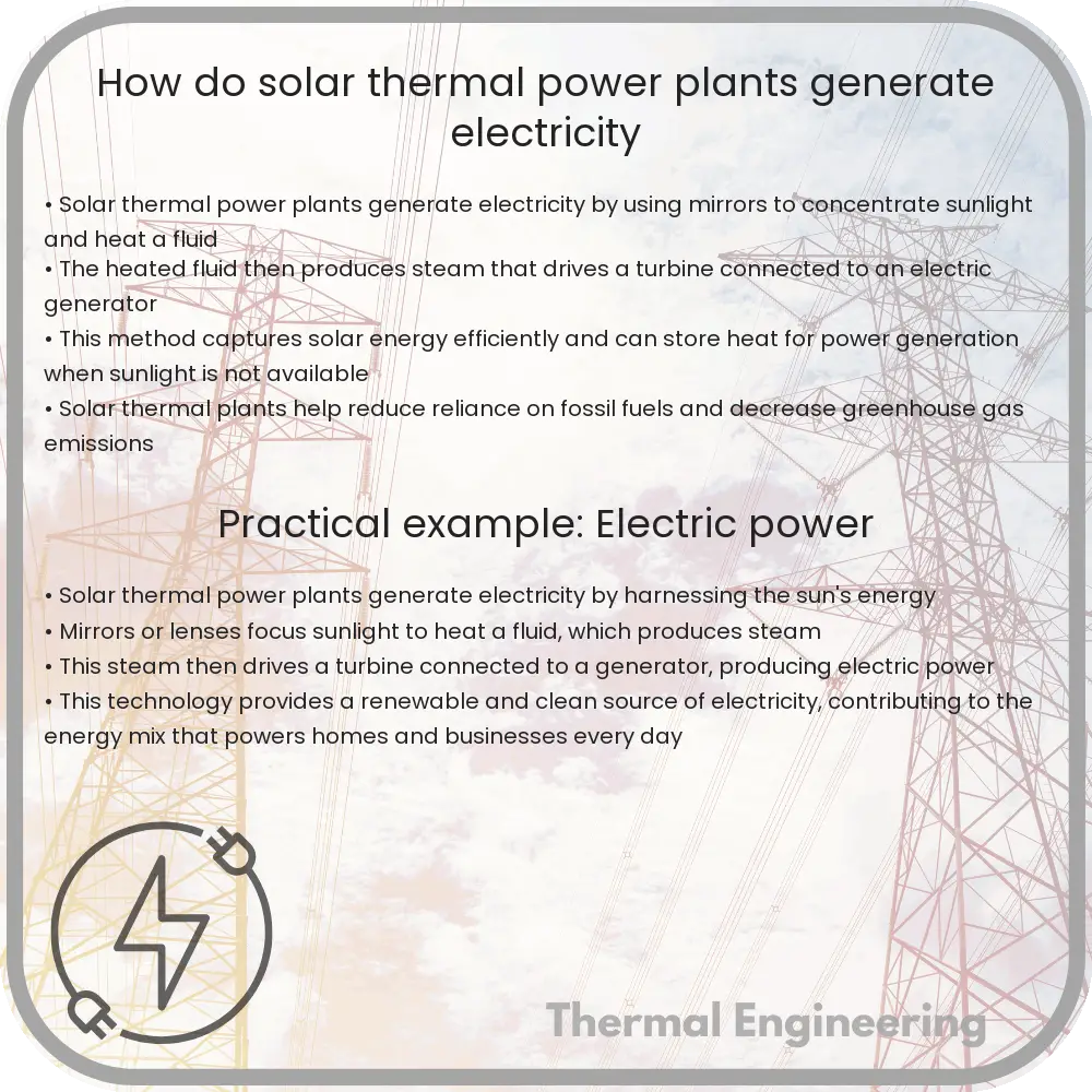 How do solar thermal power plants generate electricity
