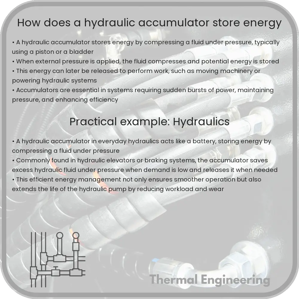 How does a hydraulic accumulator store energy