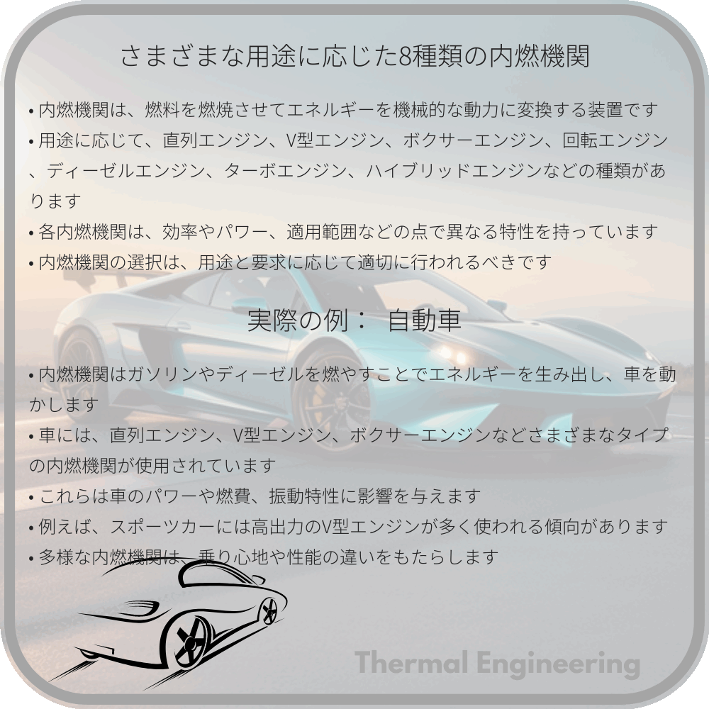 さまざまな用途に応じた8種類の内燃機関