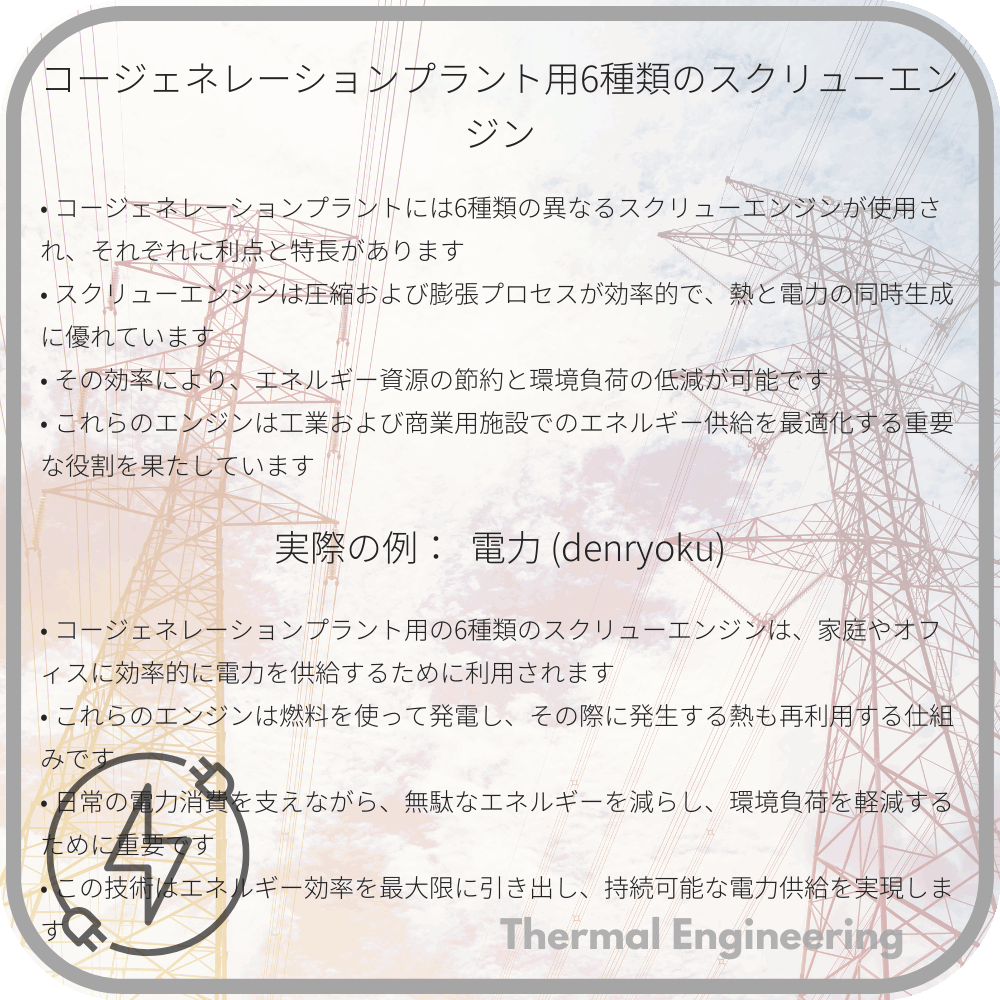 コージェネレーションプラント用6種類のスクリューエンジン