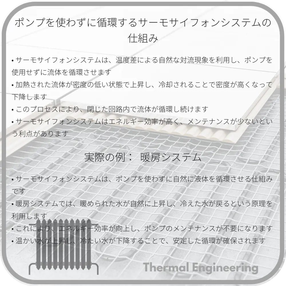 ポンプを使わずに循環するサーモサイフォンシステムの仕組み