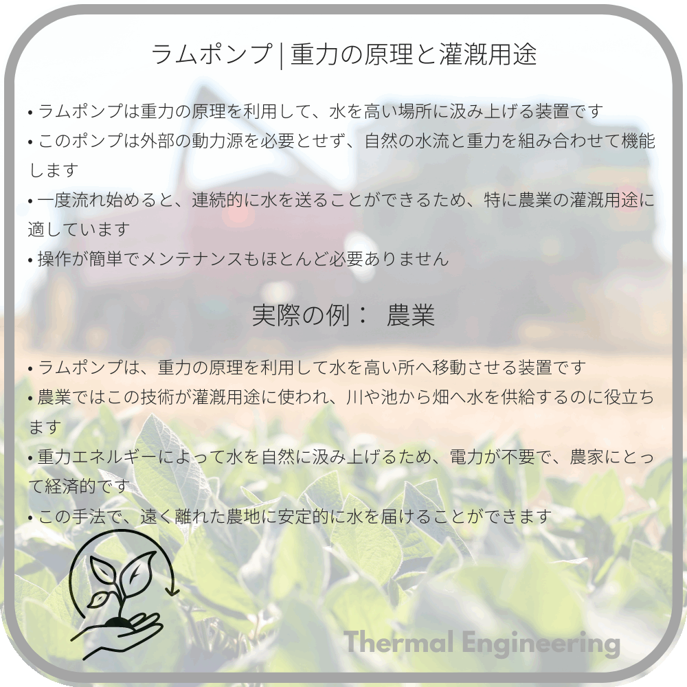 ラムポンプ | 重力の原理と灌漑用途