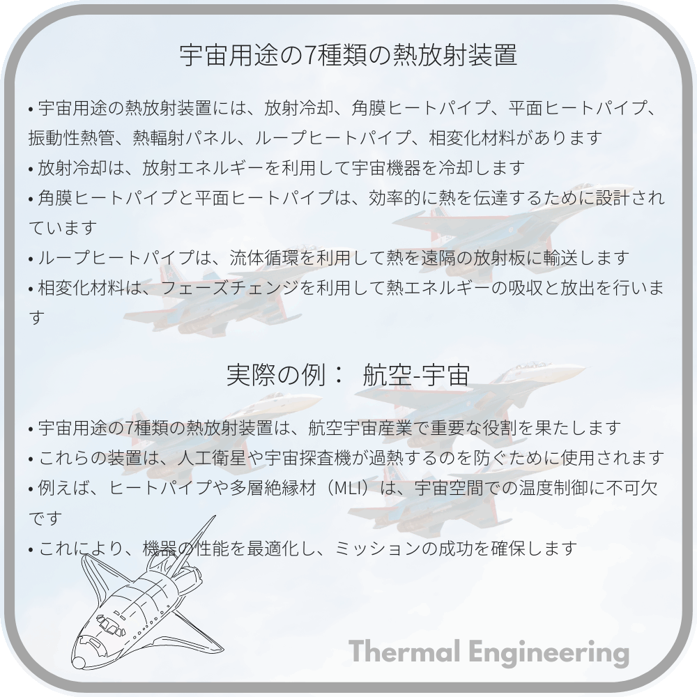 宇宙用途の7種類の熱放射装置
