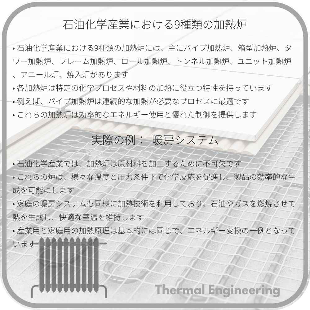 石油化学産業における9種類の加熱炉