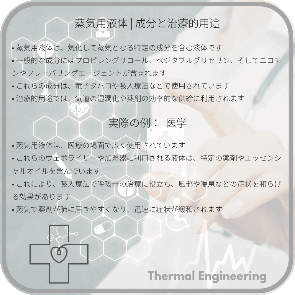 蒸気用液体 | 成分と治療的用途