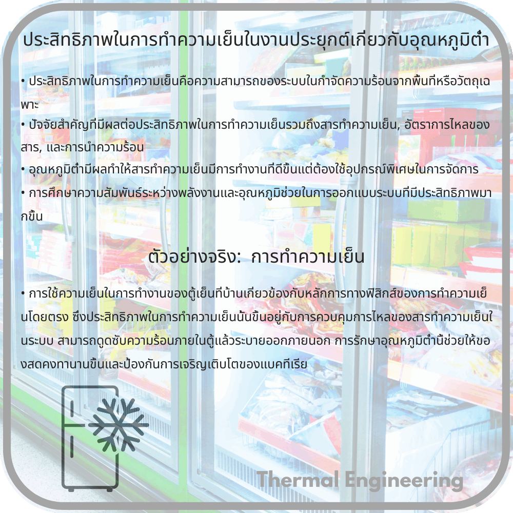 ประสิทธิภาพในการทำความเย็นในงานประยุกต์เกี่ยวกับอุณหภูมิต่ำ